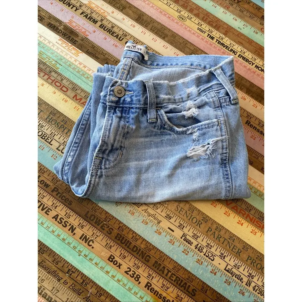 Hollister Size 5 Jean W27 Mid Rise Classic Denim Straight Distressed Light Wash - Picture 5 of 11